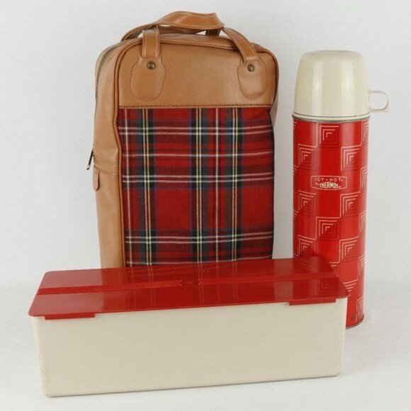 Thermos Vintage Red Plaid Icy-Hot Beverage Container Picnic 3 Piece Set - Picture 1 of 12